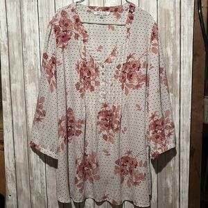 Rose Olive Top 3X White Pink Floral Polka Dot Popover Tunic Flowy Romantic Work